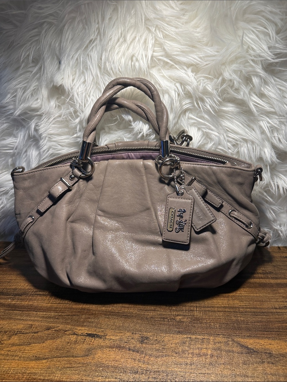 Coach Neutral Taupe Pebbled Leather Satchel with Braided Handles